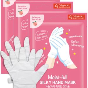 DERMAL Moistfull Silky Hand Mask Gloves 3 Pairs for Dry Hands – Intensive Repairing with Collagen and Shea Butter – Nourishing & Moisturizing Renew Hand Mask – Refreshing Peach Scent