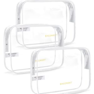 BAGSMART Clear Toiletry Bag, 3 Packs TSA Approved Water Resistant Quart Size Travel Organizer, Airport Airline Travel Essential Carry On Makeup Cosmetic Bags for Women, White