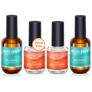 Modelones 4Pcs Nail Dehydrator and Primer, Acid Free Natural Nail Prep Dehydrate & Bond Primer, Bonding Primer for Acrylic Powder Nail Supplies