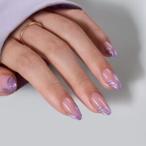 BTArtbox French Tip Press On Nails – Lamp-Curable Chrome Short Almond Press On Nails with Glue for Women, Semi-Transparent Soft Gel Glue On Nails in 16 Sizes – 32 Stick On Nails Kit, Mermaid Tail