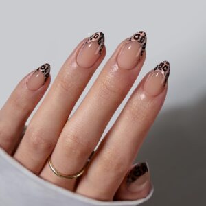 BTArtbox Press On Nails Short – Lamp-Curable Leopard French Tip Almond Press On Nails with Glue for Women, Semi-Transparent Soft Gel Glue On Nails in 16 Sizes – 32 Stick On Nails Kit, Wild Cheetah