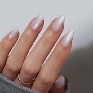 BTArtbox Press On Nails Short – Lamp-Curable White Cat Eye Almond Press On Nails with Glue for Women, Semi-Transparent Soft Gel Glue On Nails in 16 Sizes – 32 Stick On Nails Kit, Whitecaps