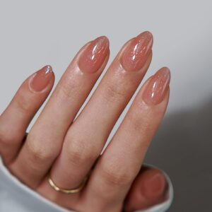 BTArtbox Press On Nails Short – Lamp-Curable Sparkly Almond Press On Nails with Glue for Women, Semi-Transparent Soft Gel Glue On Nails in 16 Sizes – 32 Stick On Nails Kit, Citrine Glow