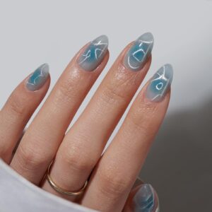 BTArtbox Press On Nails Short – Lamp-Curable Sparkly Blue Almond Press On Nails with Glue for Women, Semi-Transparent Soft Gel Glue On Nails in 16 Sizes – 32 Stick On Nails Kit, Blue Mirage