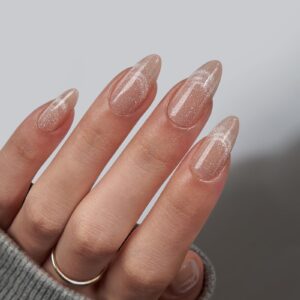 BTArtbox Almond Press On Nails Medium – Lamp-Curable Cat Eye Press On Nails with Glue for Women, Semi-Transparent Soft Gel Glue On Nails in 15 Sizes – 30 Stick On Nails Kit, Sunlit Shimmer