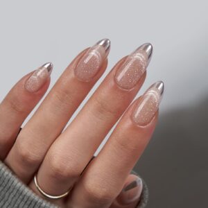 BTArtbox Almond Press On Nails Medium – Lamp-Curable Metallic French Tip Cat Eye Press On Nails with Glue for Women, Soft Gel Glue On Nails in 15 Sizes – 30 Stick On Nails Kit, Silver Storm