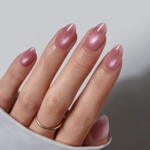 BTArtbox Press On Nails Short – Lamp-Curable Pink Cat Eye Almond Press On Nails with Glue for Women, Semi-Transparent Soft Gel Glue On Nails in 16 Sizes – 32 Stick On Nails Kit, Spring Charm