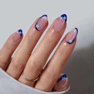 BTArtbox Press On Nails Short – Lamp-Curable Blue French Tip Almond Press On Nails with Glue for Women, Semi-Transparent Soft Gel Glue On Nails in 16 Sizes – 32 Stick On Nails Kit, Blue Blossom