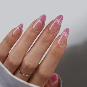 BTArtbox Almond Press On Nails Medium – Lamp-Curable Pink Cat Eye Press On Nails with Glue for Women, Semi-Transparent Soft Gel Glue On Nails in 15 Sizes – 30 Stick On Nails Kit, Rosy Dew