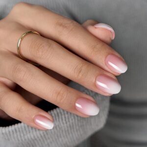BTArtbox Press On Nails Almond – Extra Short Press On Nails, Pink White Ombre Soft Gel Nails, Natural Reusable Stick On Nails in 16 Sizes – 32 Fake Nails Kit