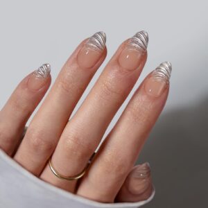 BTArtbox French Tip Press On Nails – Lamp-Curable 3D Sculpting Short Almond Press On Nails with Glue for Women, Semi-Transparent Soft Gel Glue On Nails in 16 Sizes – 32 Stick On Nails Kit, Exquiste