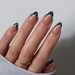 BTArtbox French Tip Press On Nails – Lamp-Curable Short Almond Black Press On Nails with Glue for Women, Semi-Transparent Soft Gel Glue On Nails in 16 Sizes – 32 Stick On Nails Kit, Midnight Spark