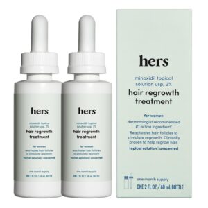 hers Topical Minoxidil Solution, 2% – Hair Growth Treatment for Women – Clinically Proven to Reduce Hair Loss in 3-6 Months – Unscented – 2 Pack, 2 Month Supply