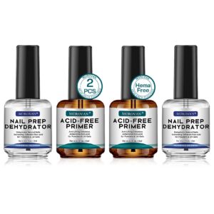 Morovan Nail Prep Dehydrator and Primer, Natural 4 PCS Dehydrator & Acid-Free Bond Primer for Acrylic Powder U V Extension Gel Nail Supplies Set