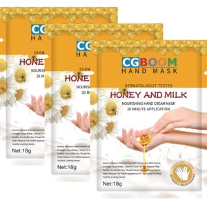 CGBOOM 3 Pairs Hand Masks Moisturizing Gloves> Hand Skin Repair Renew Mask Infused Collagen> Vitamins + Natural Plant Extracts for Dry> Aging> Cracked Hands (Honey and Milk)