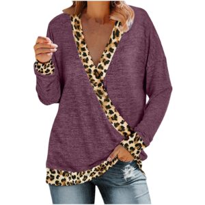 Women Long Sleeve Vneck Shirt Classic Leopard Print Loose Fit Tunic Top Retro Comfy Casual Pullover Blouse Tops Purple
