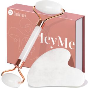 BAIMEI Jade Roller & Gua Sha Set Face Roller and Gua Sha Facial Tools for Skin Care Routine and Puffiness, Self Care Gift for Men Women – White