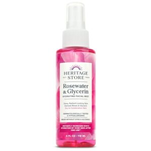 HERITAGE STORE Rosewater & Glycerin Hydrating Facial Mist – Dry Combination Skin Care – Rose Water Spray w/ Vegetable Glycerine, Made Without Dyes or Alcohol, Hypoallergenic, Vegan, Cruelty Free, 4oz