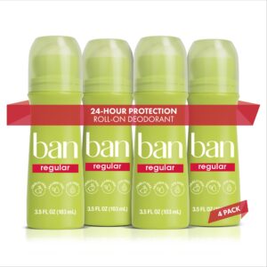 Ban Invisible Roll-on Antiperspirant Deodorant for Women and Men, 24-hour Underarm Odor & Sweat Protection, Regular Scent, 3.5 Oz, Pack of 4