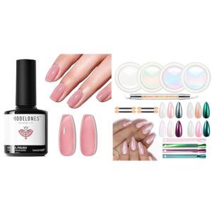 modelones Nude Pink Gel Nail Polish with Chrome Nail Powder Pearl Chrome Powder