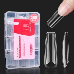 Beetles Gel Nail Tips Long Square Nail Tips, 12 Sizes 288 PCS Pre-Shaped Clear Full Cover False Nails Tips Clear Acrylic Nails Glue on Nails for Girls Women Nail Art Design,Nail Glue Needed