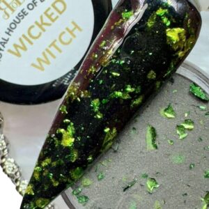 Wicked Witch Black Dip Powder WIth Green Foils> Acrylic Powder> Nail Art Designs> Manicure or Pedicure for Home or Salon Use. Dip Powder System> Long Lasting> Cruelty Free. 0.25 Oz Jar.