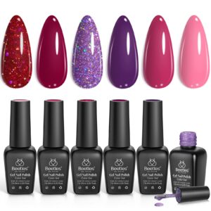 Beetles Gel Nail Polish, 6 Colors Peach Pink Purple Burgundy Red Glitter Gel Polish Ruby Sonatas Collection, Soak Off Uv Lamp Cured Nail Art Design Nails for Women DIY Manicure