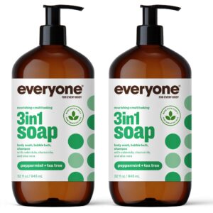 Everyone 3-in-1 Soap, Body Wash, Bubble Bath, Shampoo, 32 Ounce (Pack of 2), Peppermint Tea Tree, Coconut Cleanser with Organic Plant Extracts and Pure Essential Oils