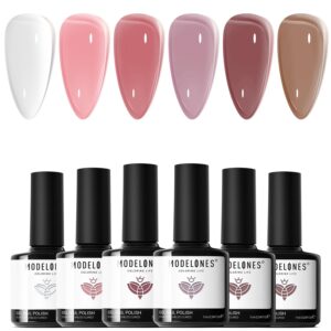 modelones Jelly Gel Nail Polish Set 6 Colors, Translucent Nude Brown Beige Taupe Pink Milky White Sheer Korean Trend Icy Transparent Nail Art Design Starter Kit Manicure at Home Holiday Gift