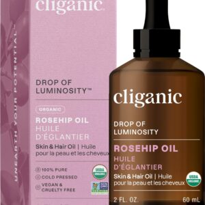 Cliganic Organic Rosehip Seed Oil for Face, 100% Pure | Natural Cold Pressed Unrefined Non-GMO | Carrier Oil for Skin, Hair & Nails (Packaging May Vary)