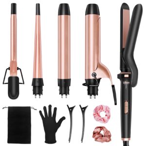 Ufree 5 in 1 Curling Iron with Interchangeable Ceramic Barrels (0.35″-1.25″), Curling Wand Set with Flat Iron Hair Straightener, Instant Heat Up, Dual Voltage Hair Curler, Gifts for Women