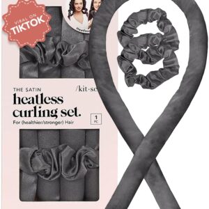 Kitsch Satin Heatless Hair Curler Set – Heatless Curls Overnight, Hair Rollers for Soft Curls & Frizz-Free Styling, No Heat Curlers To Sleep in, Curling Rod Headband with 2 Scrunchies – Charcoal