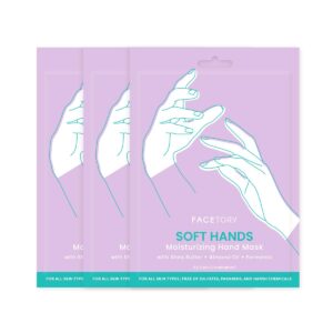 FACETORY Soft Hands Moisturing Hand Mask with Softening Shea Butter> Almond Seed Oil> and Ferments – Hand Spa Nourishing and Renewing Hand Sheet Mask for Dry> Rough Hands and Cuticles – 3 Pairs