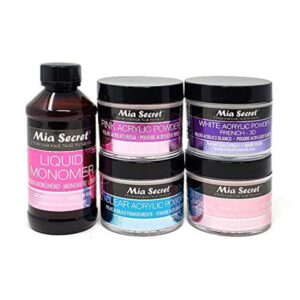 MIA SECRET 4 oz LIQUID MONOMER + Acrylic Powders Set – Pink 2 oz> Clear 2 oz> 3D White 2 oz & Multibalance Pink 2 oz