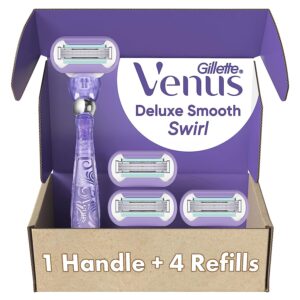 Gillette Venus Deluxe Smooth Swirl Women’s Razor Handle + 4 Blade Refills, Flexible Handle and Pivoting Head