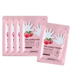 TONYMOLY I’m Lovely Peach> Hand Mask for Dry Skin> Hydrating> Moisturizing Plum> Peach> Honeysuckle Extract> 5pk