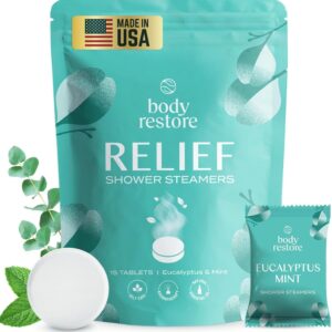 Body Restore Shower Steamers Aromatherapy 15 Pack – Mothers Day Gifts for Mom, Grandma, Birthday Gift for Dad, Daughter, Best Friend, Travel Essentials, Stress Relief, Self Care – Eucalyptus