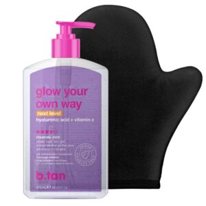 b.tan Insanely Dark Clear Self Tanning Gel with Mitt Kit | Glow Your Own Way Next Level Bundle – Quick Express Tanner for Face and Body with Applicator, Transfer-Proof, No Fake Tan Smell, 16 Fl Oz