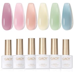 GAOY Jelly Green Spring Summer Gel Nail Polish Set, 6 Transparent Colors Sheer Blue Pink Nude Soak Off UV Light Cure Gel Polish Kit for Salon and Nail Art DIY at Home