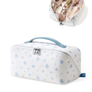EACHY Travel Makeup Bag,Large Capacity Cosmetic Bags for Women,Waterproof Portable Pouch Open Flat Toiletry Bag Pattern Makeup Bag (C-Blue-Large)