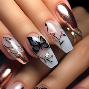 Long Press on Nails Coffin French Fake Nails with Butterfly Leaf Print Designs Acrylic Nails Press on Glitter French Glue on Nails Gradient False Nails with Glue Spring Stick on Nails for Women 24PCS