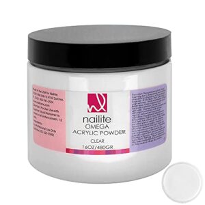 Nailite Omega – Professional Acrylic Powder for Nail Extension System> Extra Adhesion> Resistant> EMA Formula and Non-Yellowing Effect – Clear (16 Oz.)