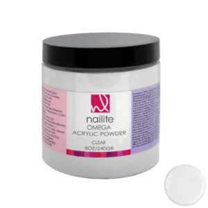 Nailite Omega – Professional Acrylic Powder for Nail Extension System> Extra Adhesion> Resistant> EMA Formula and Non-Yellowing Effect – Clear (8 Oz.)