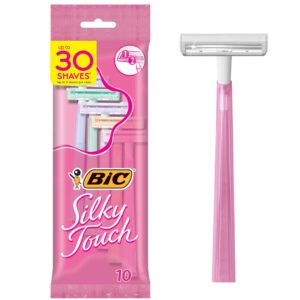 BIC Silky Touch Women’s Disposable Razors, With 2 Blades, Pretty Pastel Razor Handles, 10 Count Pack of Shaving Razors