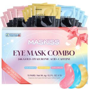 Maskiss Under Eye Patches (15 Pairs), 3 Colors Eye Masks Gift Set for Dark Circles Puffy Eyes, Undereye Bags and Wrinkles, Bachelorette Party Favors, Skin Care Set Gifts for Women