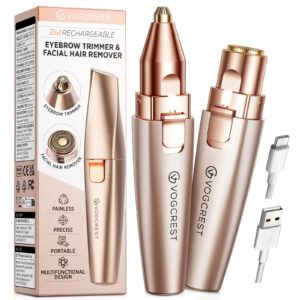 VG VOGCREST Eyebrow & Facial Trimmer: 2 in1 Rechargeable Facial Hair Removal & Eyebrow Shaver – Body Razor with Built-in LED Light (Rose Gold)