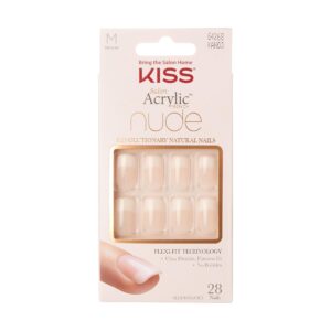 KISS Salon Acrylic Press On Nails, Nail glue included, ‘Cashmere’, French, Medium Size, Squoval Shape, Includes 28 Nails, 2g Glue, 1 Manicure Stick, 1 Mini file