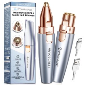 VG VOGCREST Eyebrow & Facial Trimmer: 2 in1 Rechargeable Facial Hair & Eyebrow Shaver – Painless LED Light (Sky Blue)