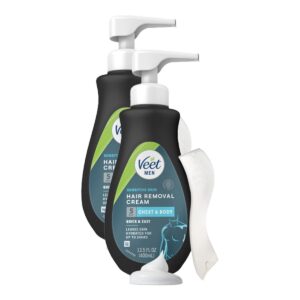 Veet Sensitive Skin Dermatologically Tested 13.5 Fl Oz. 5 Min Men’s Hair Removal Gel Cream with Spatula For Body, Chest & Back (2 Pack)