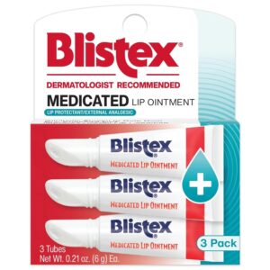 Blistex Medicated Lip Ointment, 0.21 Ounce Tube, Relieves Cold Sores & Helps Heal Dry Chapped Lips, Pain Relief from Lip Sores & Blisters, Healing Ointment, 3 Count(1 Pack)